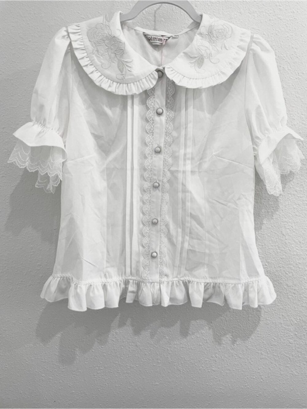 Lolitimes Lolita Victorian Blouse Lace Ruffle Whimsical Peter Pan Collar White